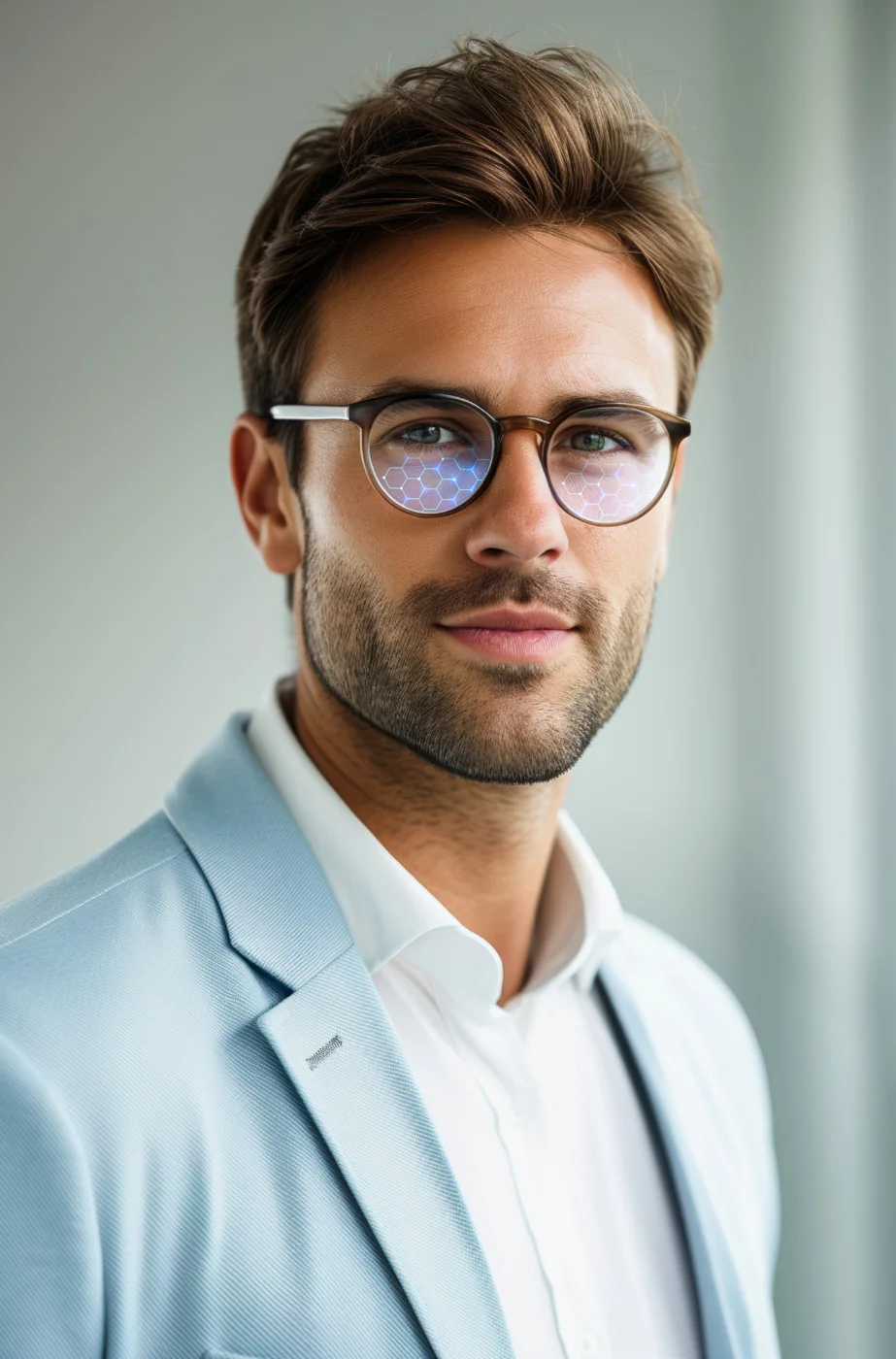 Wearer in glasses from the supplied single-vision brochure