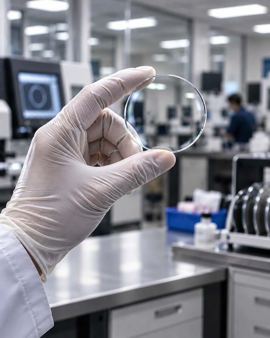 Optical lens held in a prescription-lens laboratory